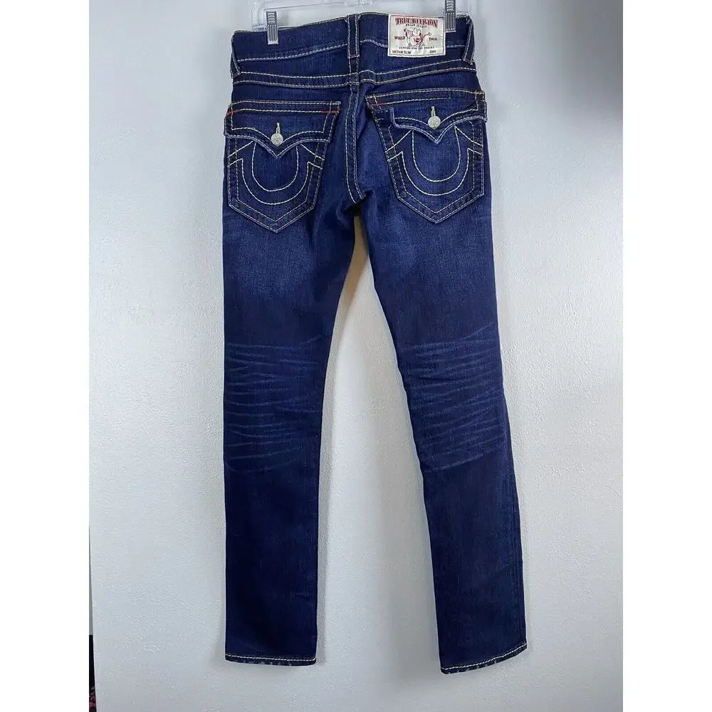 NWOT True Religion Sz 29 Mens Slim Fit Ferd Flap OM Big T Red Dk Blue Jeans